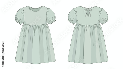 Illustrative Child's Garment Technical Drawing: Puff Sleeved Dress Front and Back Views Demonstrating Design and Style Details