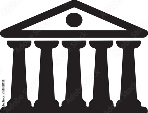 Black and white graphic icon of a classical building with five columns and a triangular pediment
