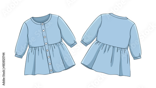 Blue sketched buttoned children's dress with long sleeves featuring front and back design variations creating a stylish look