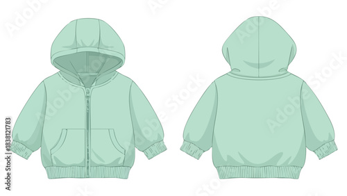 Technical flat sketch of a relaxed-fit hooded sweatshirt with zip closure showing front and back views in soft mint green color perfect for product