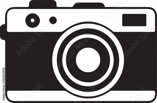 Black and white graphic illustration of a vintage camera with concentric circles on the lens