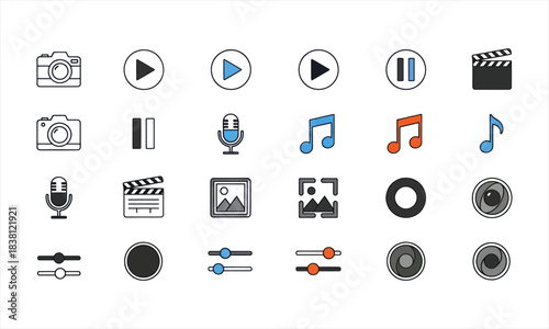 A comprehensive set of flat design media icons featuring photography, video, audio, and editing controls for digital applications.