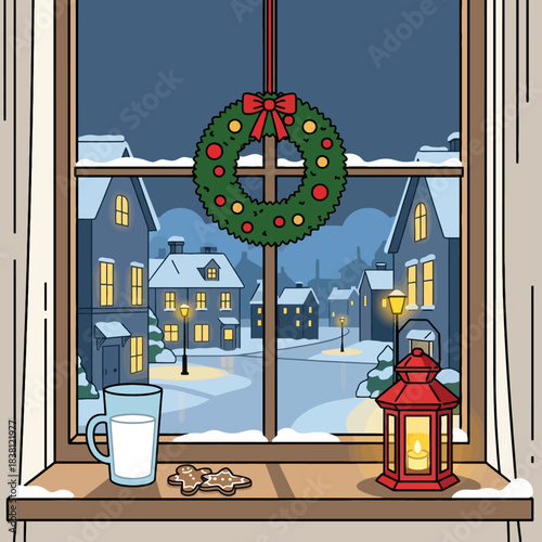 Cozy winter scene viewed through a window with a Christmas wreath, milk, cookies, and a lantern.