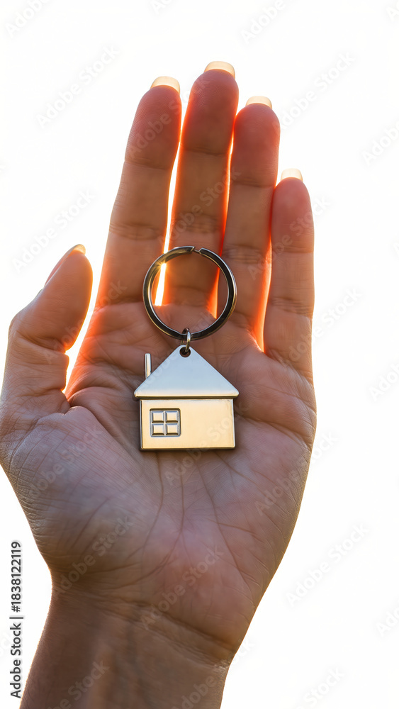 Obraz premium Golden House Keychain in Hand Close-up Macro Shot Property Ownership. Ai Generated Images