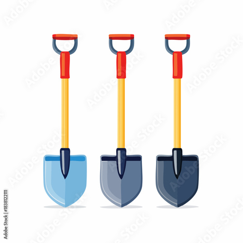 Three colorful cartoon shovels with wooden handles and red grips, standing upright against a white background.