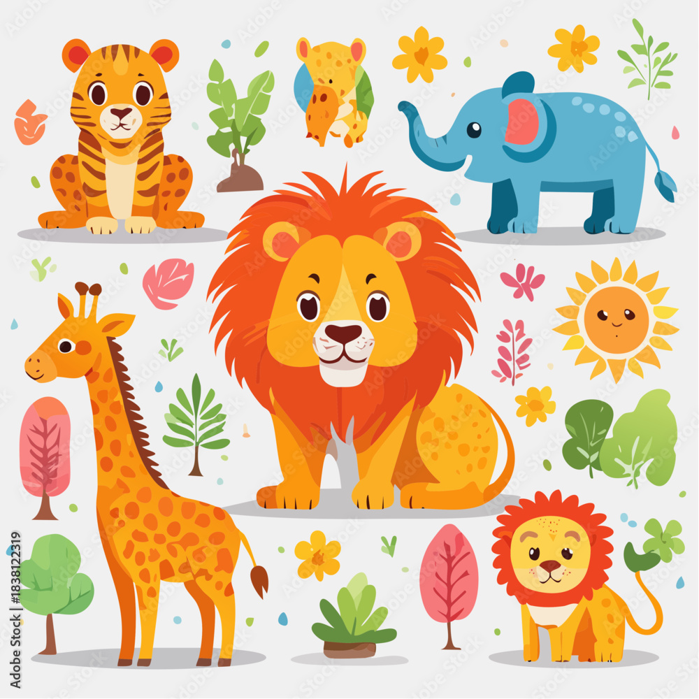 Fototapeta premium Cute cartoon safari animals illustration with lion, tiger, giraffe, elephant, and cubs surrounded by plants and sun.