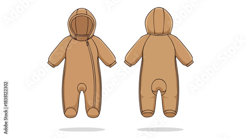 Illustrated baby hooded jumpsuit apparel showcasing front and back design details for various applications like clothing patterns or catalogs
