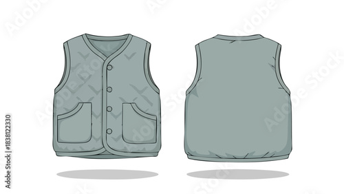 Technical drawing of a quilted vest with button closure, front pockets and a minimalist back design illustration for fashion design concept