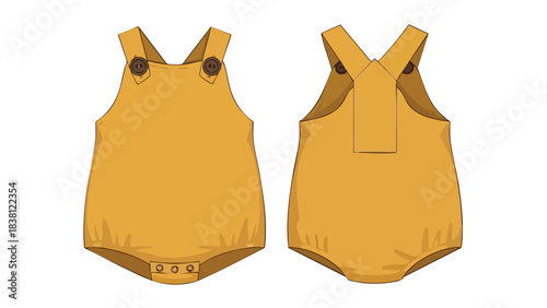 Infant summer romper design flat sketch in golden mustard shade, baby fashion template, two-side views, garment design, baby clothing conceptual