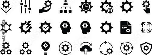 Settings gear icons, system configuration symbols, black vector design, UI interface elements, process management, flat illustration, software tools, digital control