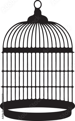 Black silhouette of a classic ornate birdcage with a domed top and hanging loop white