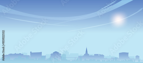 Blue panoramic poster of the city skyline with misty background buildings and clouds of TOULOUSE, FRANCE