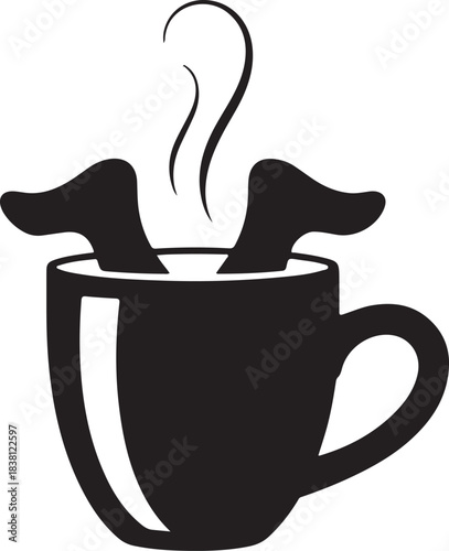 Black silhouette of a coffee mug with steaming liquid and dog ears sticking out hot drink
