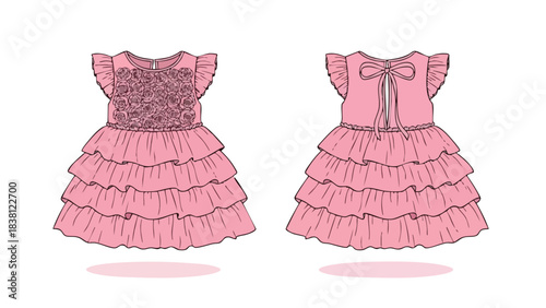 Whimsical Sketch of a Pink Ruffled Dress: Fashion Illustration for Young Girls Apparel Design and Boutique Style with Delicate Details and Floral