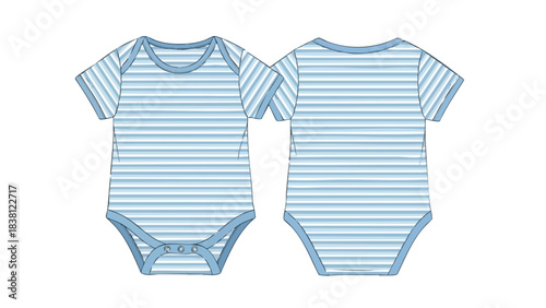 Illustration of a Blue and White Striped Baby Bodysuit in Front and Back Views for Apparel Design and Marketing Materials