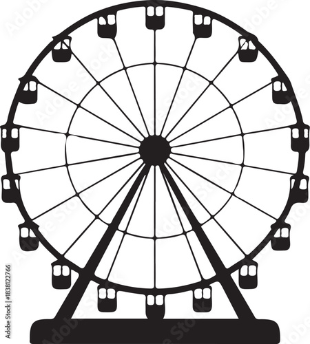 Black silhouette of a Ferris wheel with multiple gondolas against a white background amusement park