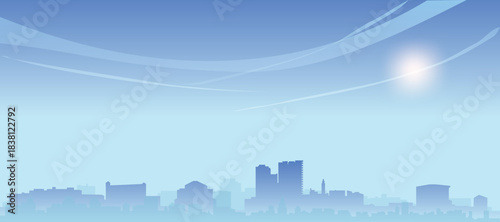 Blue panoramic poster of the city skyline with misty background buildings and clouds of MALAGA, SPAIN