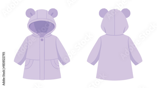 Lavender toddler coat with bear ear hood illustration showcasing front and back designs on a white backdrop