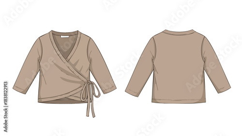 Technical Fashion Illustration of a Wrap Top with Long Sleeves in Front and Back Views showcasing design detailing