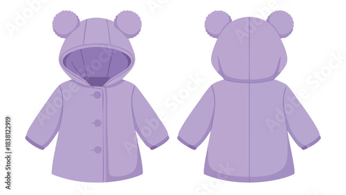 Whimsical children's outerwear displaying a pastel lavender hooded coat adorned with playful bear ear detailing against a clean white backdrop