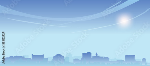 Blue panoramic poster of the city skyline with misty background buildings and clouds of ZARAGOZA, SPAIN