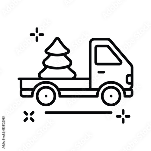Truck carrying a decorated Christmas tree outline icon