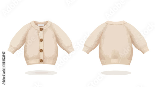 Charming knitted baby cardigan in cream color, showcased from both the front and back views, highlighting its cozy design and gentle texture