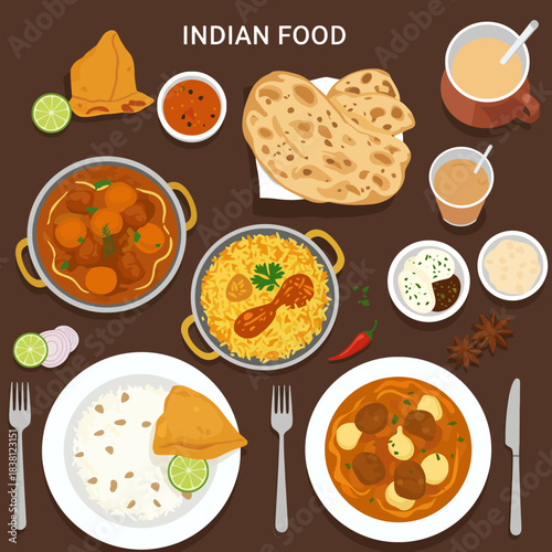 A vibrant overhead view of a delicious spread of Indian food, including curries, rice, naan, samosas, and chai.