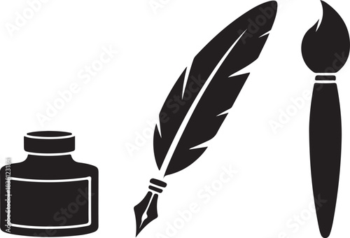 Black silhouette of an ink bottle quill pen and paintbrush on white background writing