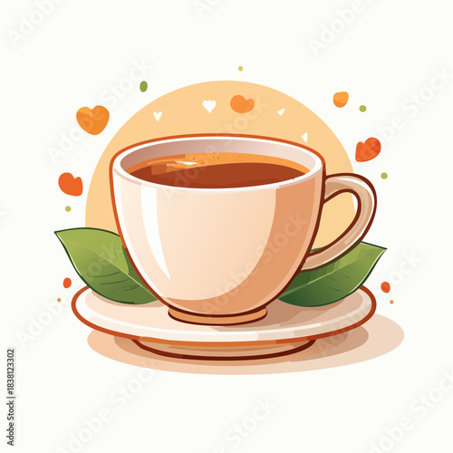 A simple, clean illustration of a cup of tea or coffee on a saucer with green leaves and subtle heart decorations.