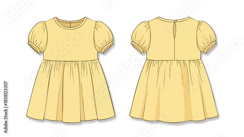 Illustration showcasing a cute yellow dress with puff sleeves, front and back view on white background