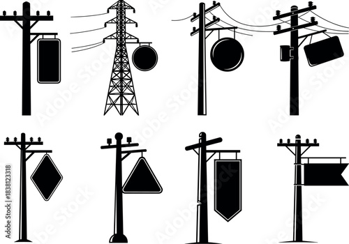 flavector silhouettes of utility poles and towers with hanging signs in varied shapes and configurations