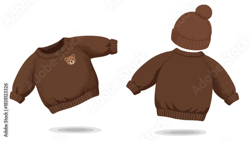 Cozy brown knitted toddler sweater with bear emblem alongside matching winter hat illustration showcases autumn attire