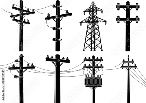 flavector silhouettes of utility poles and transmission towers for electrical and telecom infrastructure designWeb