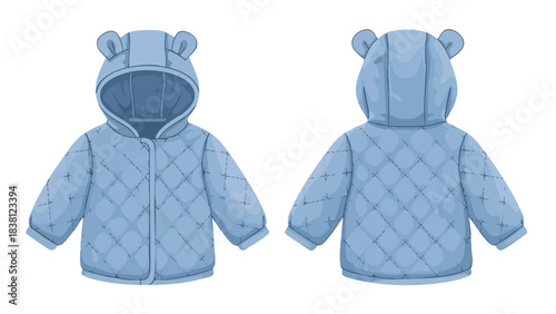 Charming baby blue quilted jacket with bear-shaped hood, perfect for cold weather protection and adorable style for infants and toddlers