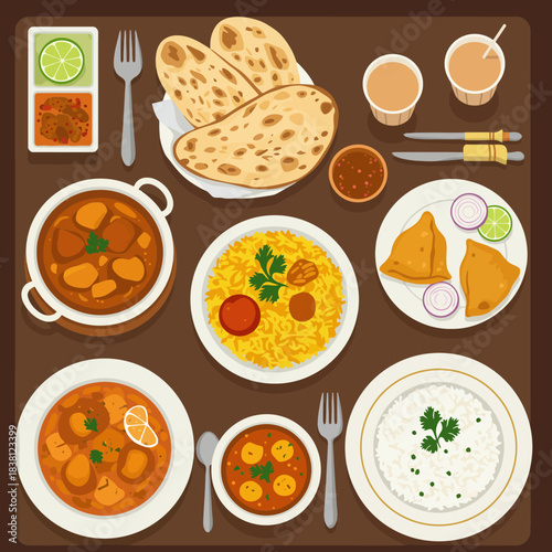 A top-down view of a delicious Indian food spread, featuring various curries, rice, naan, samosas, and chai.