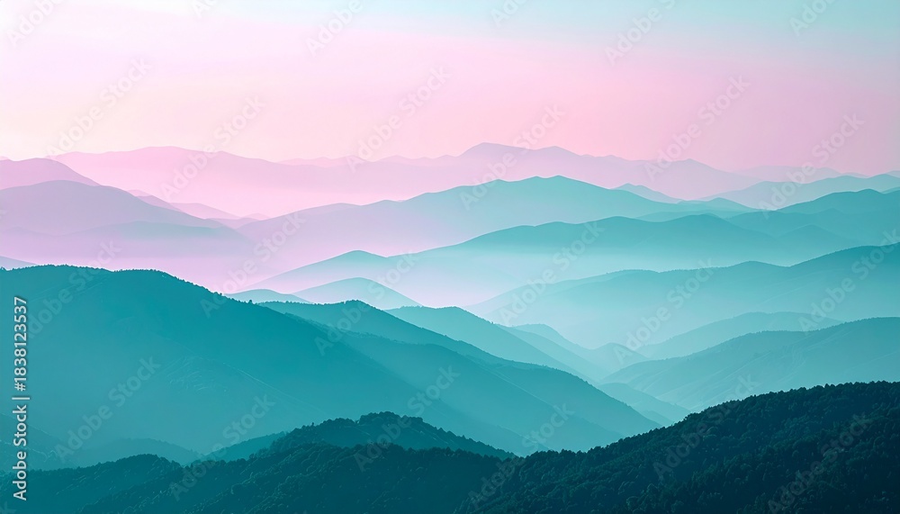 Fototapeta premium Numerous layered mountain ranges recede into the distance under a pastel pink and blue sky displaying atmospheric haze