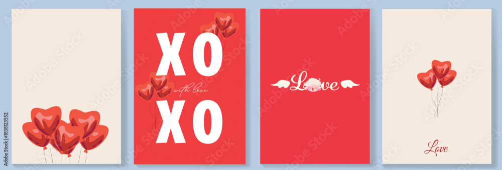 Naklejka premium A modern Valentine’s Day illustration set featuring red bright heart-shaped balloons, minimalistic layouts, template. Trend-driven, clean, and highly versatile for commercial use in Valentine campaign