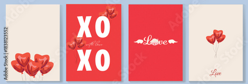 A modern Valentine’s Day illustration set featuring red bright heart-shaped balloons, minimalistic layouts, template. Trend-driven, clean, and highly versatile for commercial use in Valentine campaign