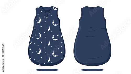 Cozy Nights: Illustration of a Baby Sleeping Bag with Celestial Moon and Star Pattern Displaying the Front and Back Side