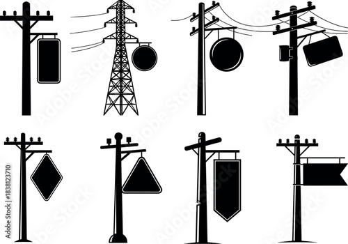 flavector silhouettes of utility poles and transmission towers with hanging signs in varied shapes and styles