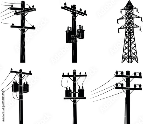 Webflavector silhouettes of utility poles and transmission towers with transformers and insulators for infrastructure