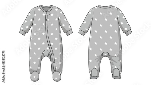 Gray baby sleepsuit adorned with stellar motifs showcased front and back on a white surface for fashion illustrations and design inspiration