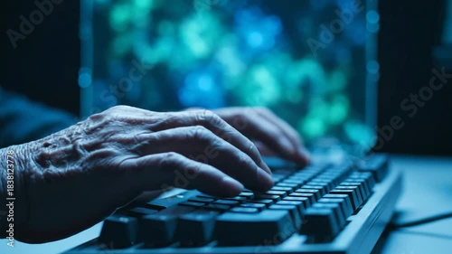 Senior adult typing on keyboard, concept for technology, computer, hacking, old hands.