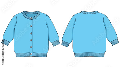 Sky Blue Knitted Cardigan Template with Front and Back Views for Garment Design Presentation