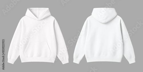 Tableau sur toile Blank White Oversized Hoodie Mockup Front and Back Views Isolated on Gray Backgr
