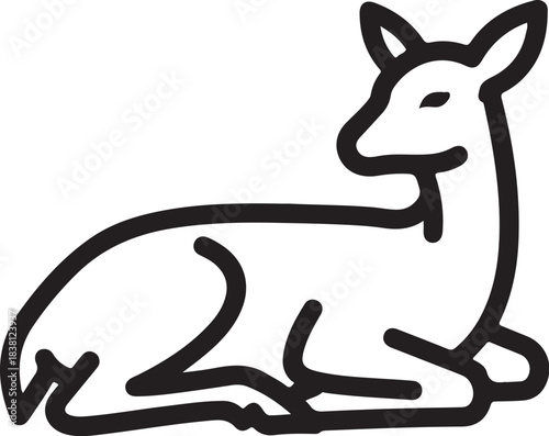 Line art drawing of a reclining deer fawn animal