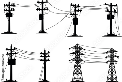 flavector silhouettes of utility poles and transmission towers with transformers and power lines for infrastructure