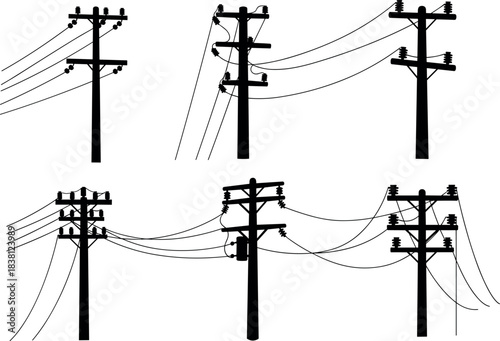 flavector silhouettes of utility poles with crossarms, insulators, and power lines for electrical infrastructure