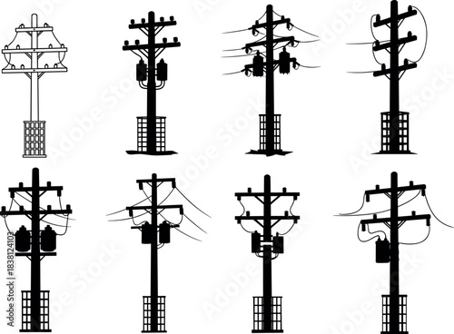 flavector silhouettes of utility poles with diverse crossarm and transformer configurations for infrastructure designWeb